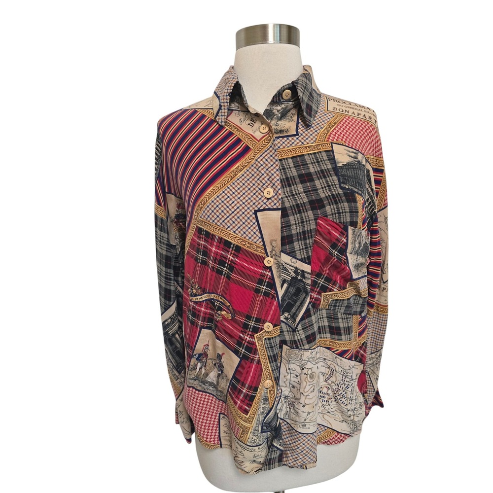 Womens 100% Silk Vintage Paris Napoleon Print Patchwork Print Shirt 10 Petite